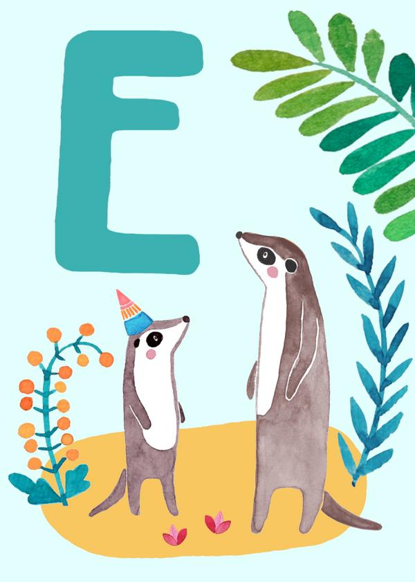 ABC Karte "E wie Erdmännchen" (Tier ABC)