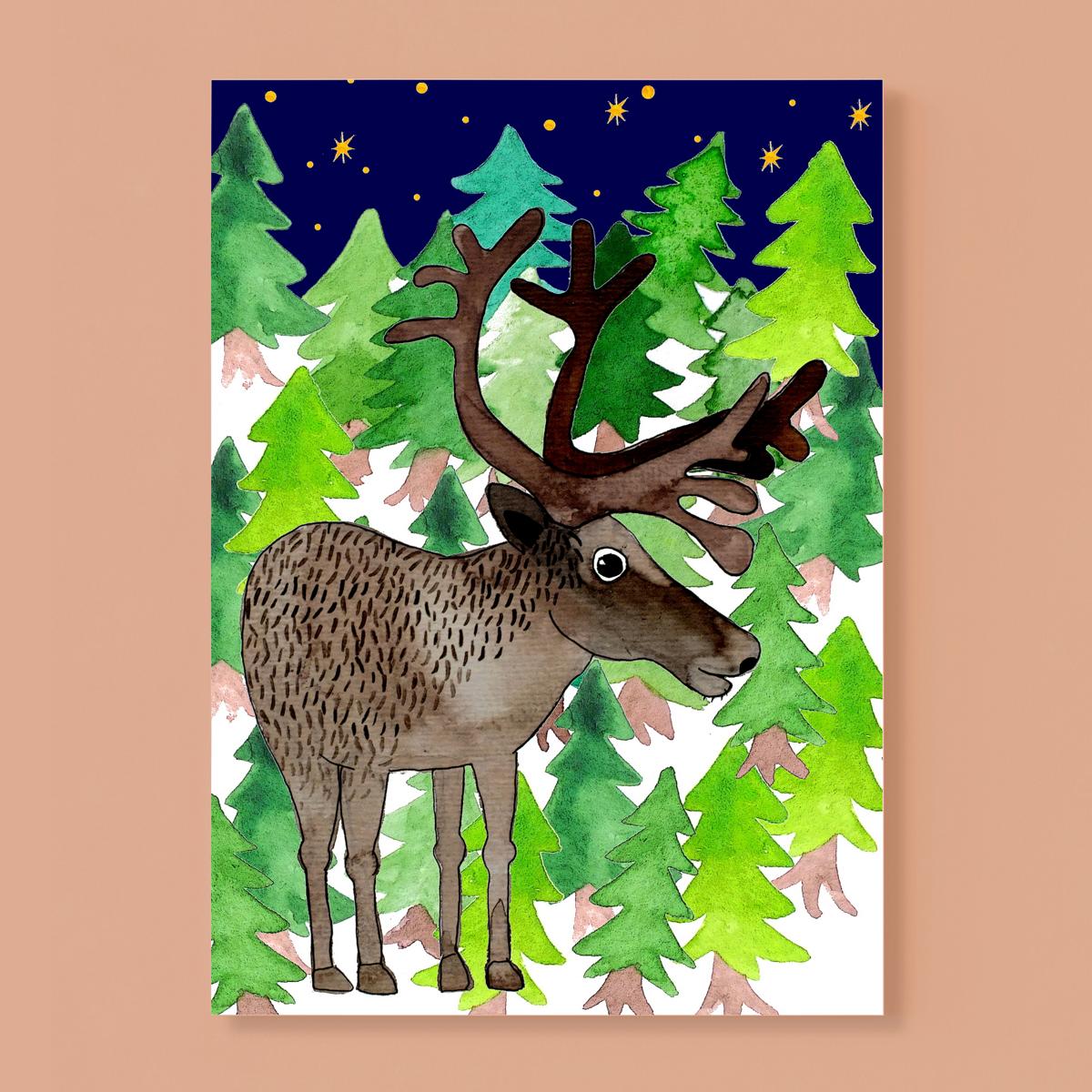Weihnachtskarte *Rentier im Wald*